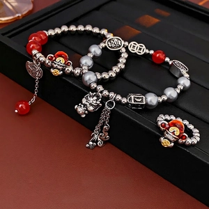 New Chinese style pearl bracelet set with red enamel dragon charm and Fu character