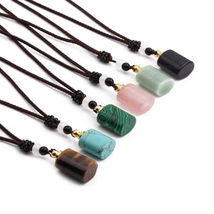Perfume Bottle Pendant Necklace Natural Gemstone Malachite Tiger Eye Cylindrical Essential Oil Diffuser Retro Style Jewelry Women