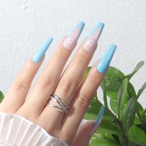 Coffin Press On Nails Long Ballerina Fake Nails French Sky Blue Daisy Flower Pattern Artificial Fingernails