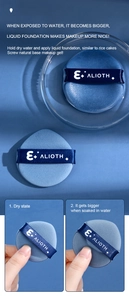 Blue makeup sponge showing expansion feature from dry state to larger size when wet