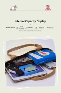 Detail view of canvas tote interior capacity showing tablet, phone, and daily essentials