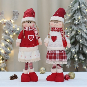 Christmas plush girl doll set with red knit outfits for festive indoor home decoration