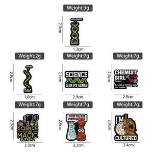 Science chemistry enamel pin set featuring DNA, microscope, and lab flask designs