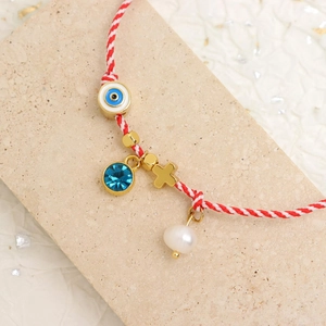 Handmade evil eye and cross charm woven bracelet with pearls and crystals