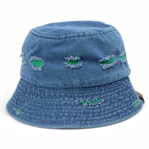 Distressed blue denim bucket hat for women with green contrast and leather patch label