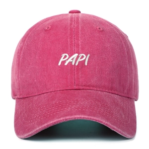 Front view of a rose red washed cotton baseball cap with PAPI white 3D embroidery