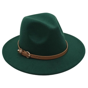 Detail of dark green wool fedora hat featuring a brown leather band and gold buckle