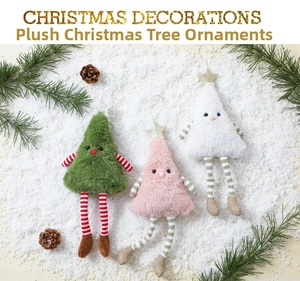 Detailed view of plush Christmas tree ornaments with striped legs on a snowy pine background
