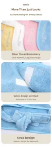 Detail of silver thread embroidery and adjustable velcro closure on soft pet bathrobe