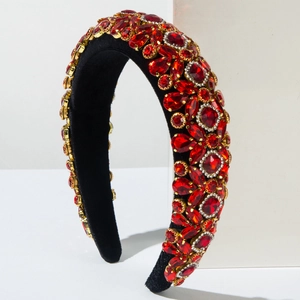 Serre-tête baroque rembourré pour femmes avec strass rouges et montures dorées