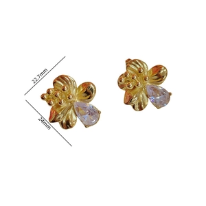 Gold plated flower earrings with micro-set zircon and pear-shaped gems, size 22.7mm by 24mm