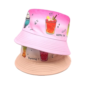 Set of two gradient pink and khaki kids sun hats with cute cartoon drink prints