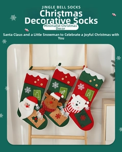 Three-piece Christmas stocking set featuring Santa, elk, and bear cartoon embroidery