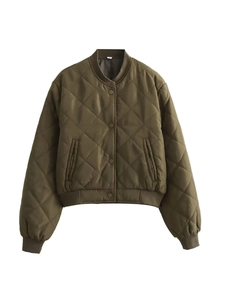 Veste matelassée vert armée pour femme avec motif losanges et finitions en bord-côte