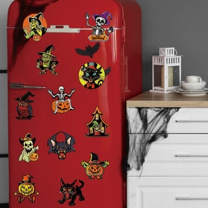 Detailed Halloween magnets set featuring gnomes and skeletons on a red refrigerator