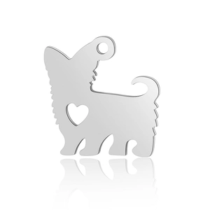Polished stainless steel dog silhouette charm with heart cutout and hanging ring loop
