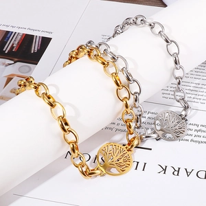 Punk style gold and silver chunky chain bracelets with Tree of Life round pendants