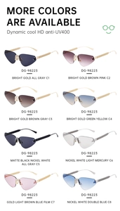 Détail de lunettes de soleil œil-de-chat sans monture avec pont strass et verres UV400