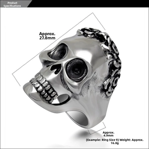 Detail view of gothic skull ring with precise dimensions: 27.8mm height and 4.9mm width