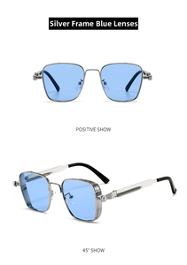 Steampunk sunglasses with silver metal frames and blue lenses in front and 45-degree views