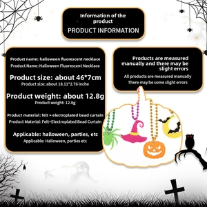 Detail view of Halloween fluorescent necklace with felt pumpkin and bat charms for parties