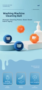 Detail of blue and orange sponge laundry balls with mesh texture and panda pattern