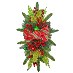 Nordic Christmas staircase swag with red plaid bow, pine needles and berry ornaments