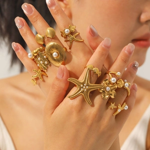 Starfish Shell Textured Open Ring Stainless Steel Gold Plated Imitation Artificial Pearl Adjustable Waterproof Beach Summer Jewelry For Women