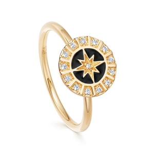 Gold eight-pointed star signet ring with black enamel and zircon halo, 925 silver base