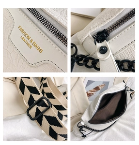 Detail shots showing the textured white waist bag, golden embossing, and woven strap
