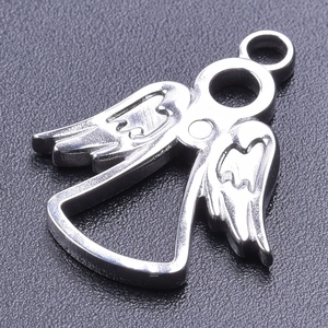 Macro shot of polished silver angel pendant with wing details and halo on a textured background