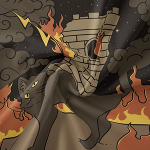 Detail of dark fantasy fabric showing black cat and burning tower with soft folds