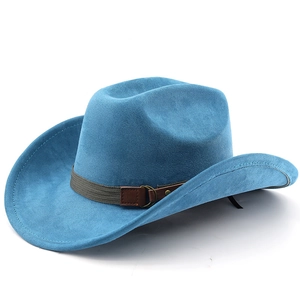 Classic blue faux suede Western cowboy hat with decorative buckle and wide brim