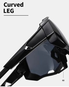 Detail view of the curved leg design on black matte cycling sunglasses for stability