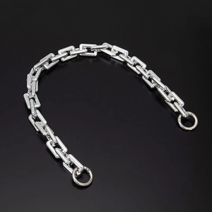 Silver rectangular metal chain strap with circular clasps on a dark background