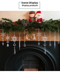Detailed view of clear acrylic snowflake and icicle ornaments on a Christmas mantle