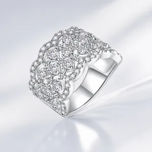 Wide Band Hollow Lace Ring 925 Sterling Silver With Moissanite Luxury Setting Vintage Hip Hop Style Jewelry For Women