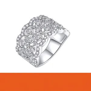 Wide Band Hollow Lace Ring 925 Sterling Silver With Moissanite Luxury Setting Vintage Hip Hop Style Jewelry For Women