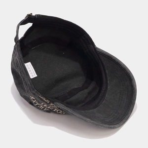 Vintage washed dark grey flat top military cap with detailed side embroidery for women