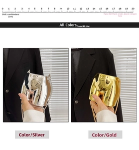 Detailed size comparison of metallic torso-shaped crossbody bag in gold and silver finish
