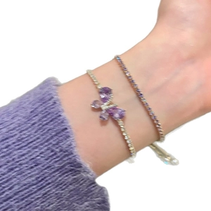 Bracelet ajustable papillon en cristal violet avec chaîne argentée pour femme