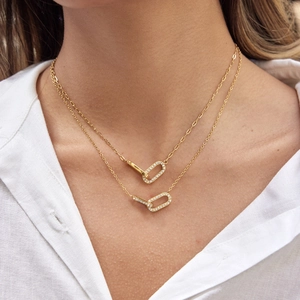 Zweilagige 18K Gold Edelstahlkette mit ineinandergreifenden Kristall-Gliedern