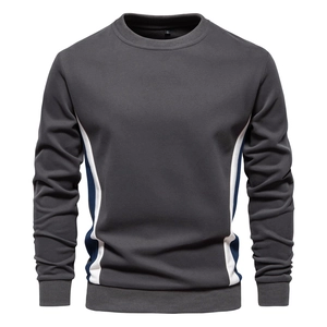 Detail of grey crewneck sweatshirt with white and navy blue contrast side tape