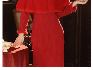 Detailed view of red knitted cheongsam and plush shawl with classic frog button closure