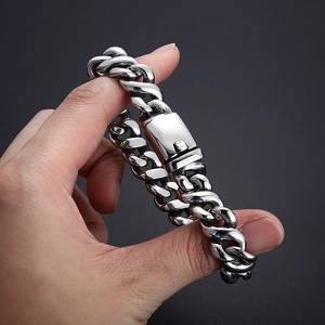 Silver stainless steel Cuban link bracelet with durable clasp for men in hip hop style