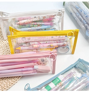 Detailed view of colorful transparent stationery bags with zippers and assorted pens