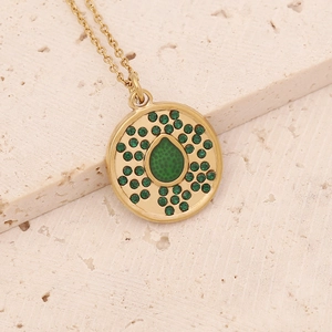 Gold-plated stainless steel necklace with green round teardrop pendant on white stone