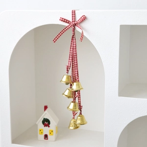 Christmas iron bell hanging ornament with red plaid ribbon for tree and door decor