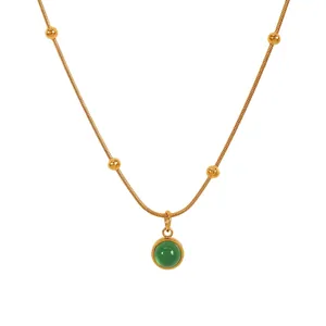 French Vintage Green Aventurine Stone Pendant Necklace Titanium Steel 18K Gold Plated Minimalist Round Charm Beads Decor Snake Chain Women