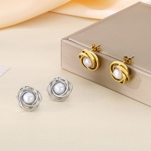 Textured spiral stainless steel stud earrings with white pearl inlay in gold and silver